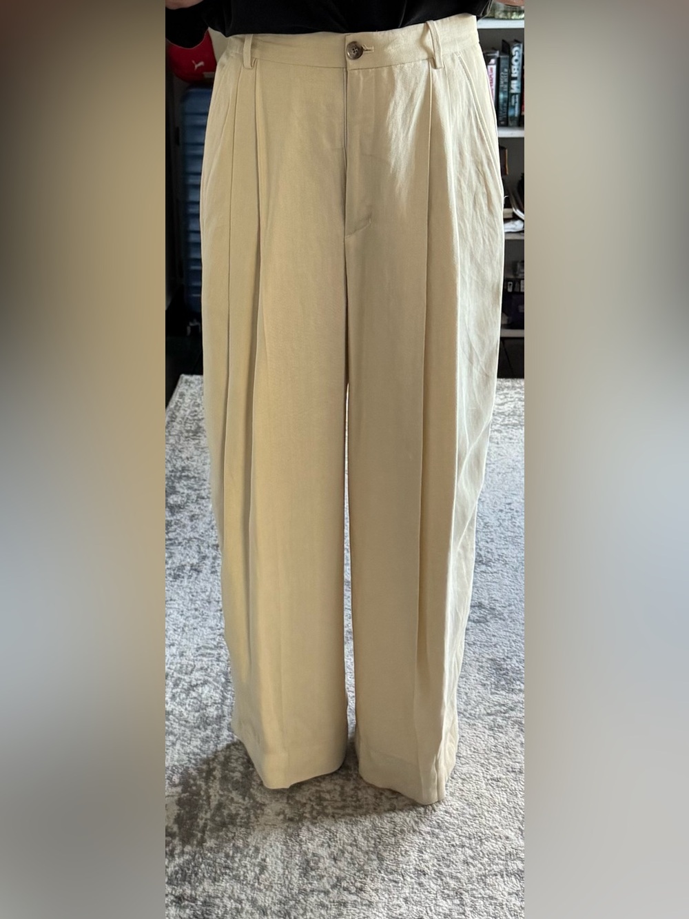 COS Cream Pleated Wide Leg Linen Blend Trousers Pants 40R US 10